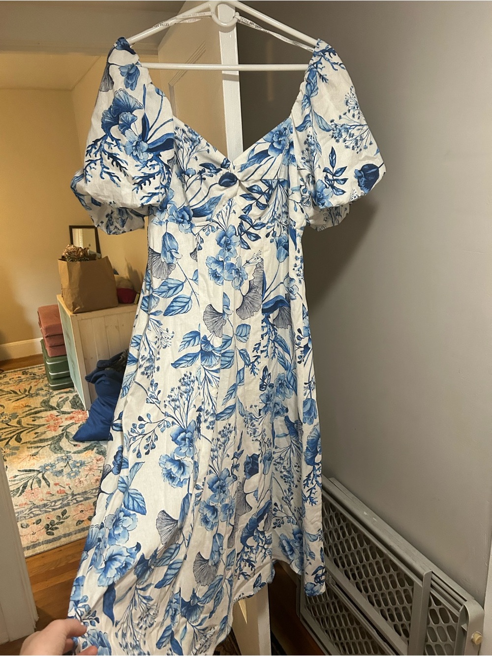 Avec Les Filles White Midi Dress with Blue Floral Print